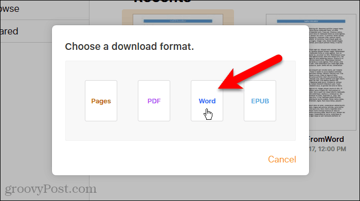 Haga clic en Word en el cuadro de diálogo Elegir un formato de descarga en Páginas en iCloud