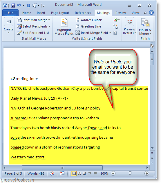 Captura de pantalla de Outlook 2010: escriba el contenido de su correo electrónico masivo