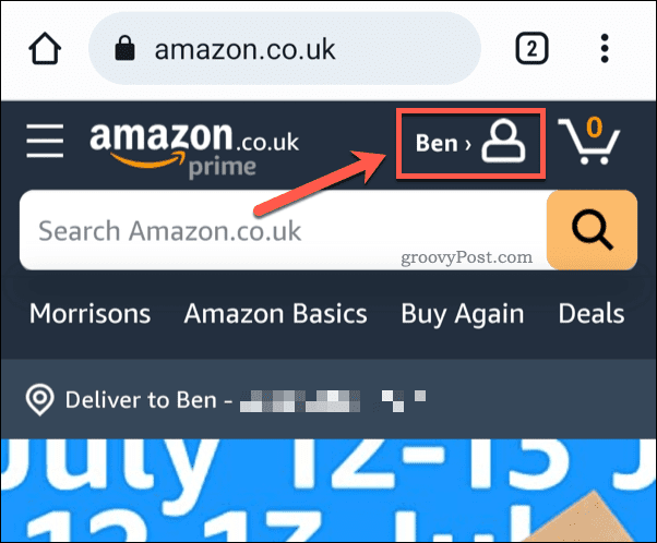 Toca el ícono de perfil de Amazon