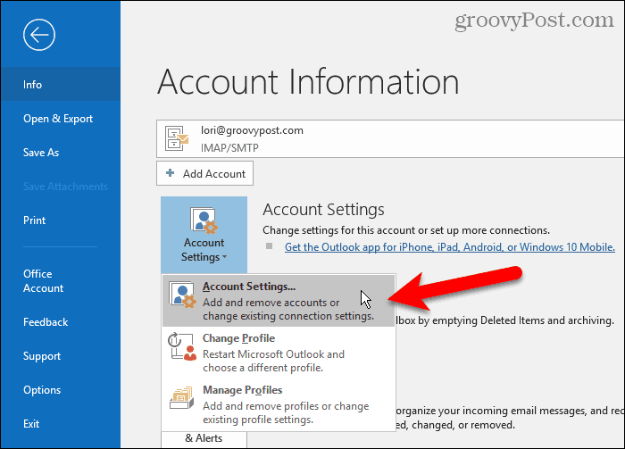 Seleccione la configuración de la cuenta en Outlook