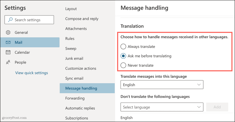 Configuración de traducción en Outlook en línea