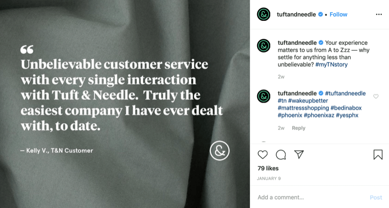 gráfico de cotización del cliente de la cuenta de Instagram de Tuft and Needle