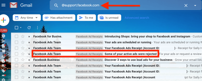 ejemplo de un filtro de Gmail para @ support.facebook.com para aislar todas las notificaciones por correo electrónico de anuncios de Facebook