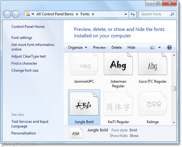 una vista del panel de control de fuentes de Windows 7