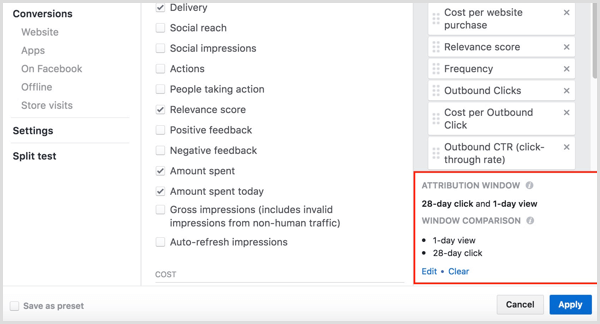 administrador de anuncios de facebook personalizar columnas hacer clic y ver conversiones
