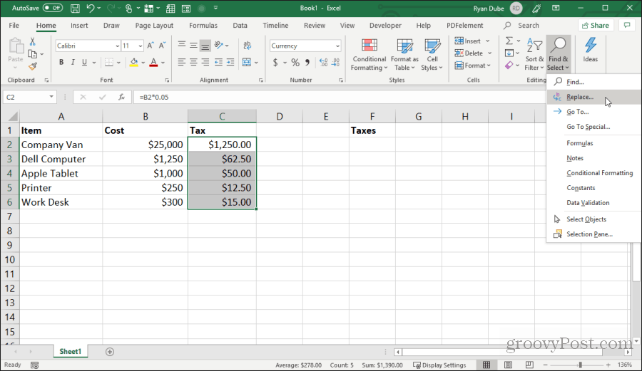 reemplazar caracteres de fórmula en Excel