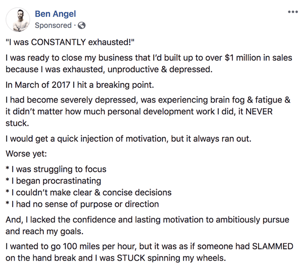 Cómo escribir y estructurar publicaciones patrocinadas de Facebook basadas en texto de formato más largo, paso 1, ejemplo de declaraciones de antecedentes por Ben Angel