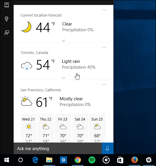 varias ciudades Cortana Weather