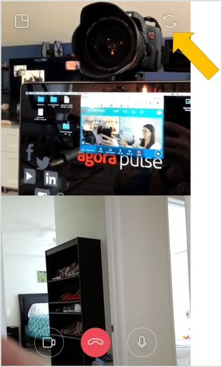 Toque el icono de doble flecha en la parte superior derecha de la pantalla para cambiar a la cámara trasera en cualquier momento durante el chat de video en vivo de Instagram.