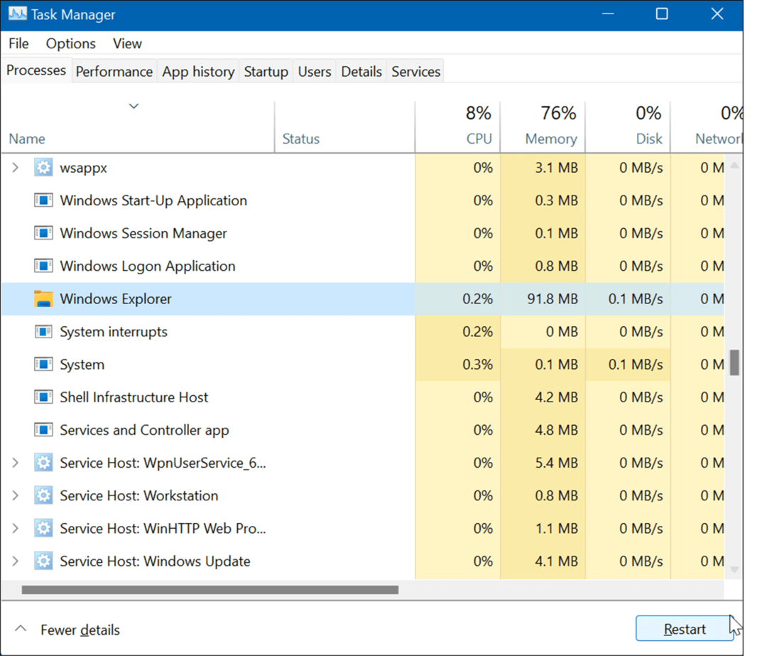Reinicie Windows Explorer restablecer la configuración de la barra de tareas en Windows 11