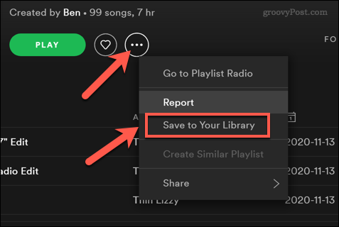 Guardar una lista de reproducción de Spotify en una biblioteca de usuario