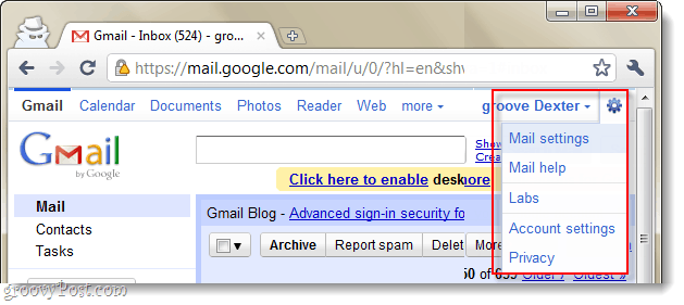 menú desplegable de configuración de correo de gmail