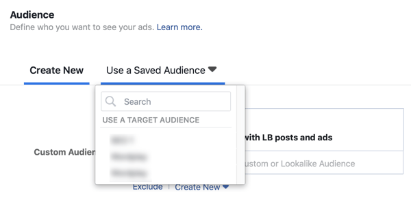 Opción de utilizar una audiencia guardada para una campaña publicitaria de clientes potenciales de Facebook.