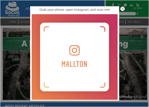 Una ventana emergente de salida con una etiqueta de identificación de Instagram.