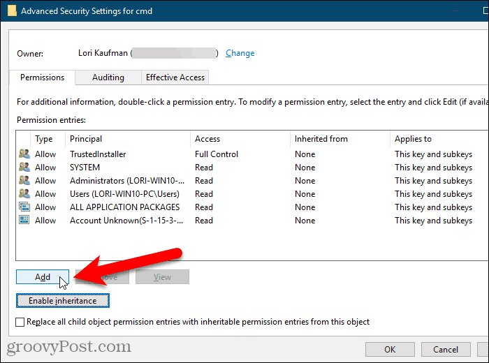 Haga clic en Agregar en el cuadro de diálogo Configuración de seguridad avanzada en el Registro de Windows