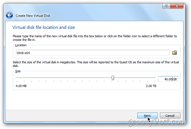 Configuración de tamaño de disco de VirtualBox windows 8