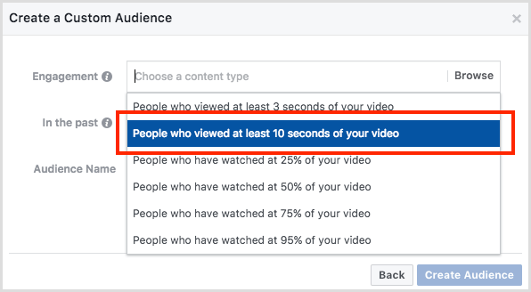 Audiencia personalizada de participación de video de Facebook