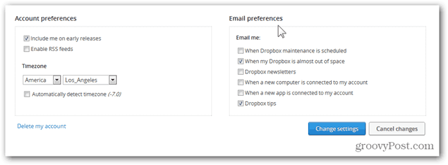 Dropbox configura las preferencias de correo electrónico