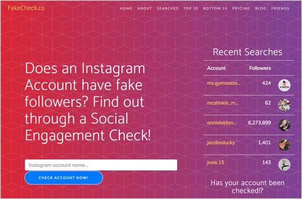 Busque seguidores falsos de Instagram con FakeCheck.co.