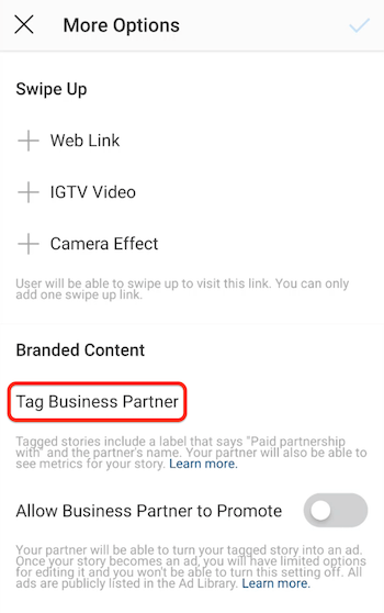 Opción de etiqueta de socio comercial para historias de Instagram