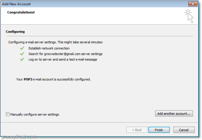 Outlook 2010 detecta automáticamente la conexión y se conecta con la configuración