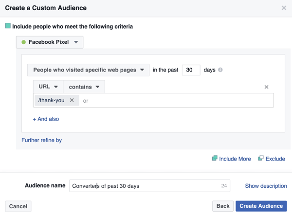 Para crear una audiencia personalizada de Facebook de compradores anteriores, agregue la URL de su página de agradecimiento.