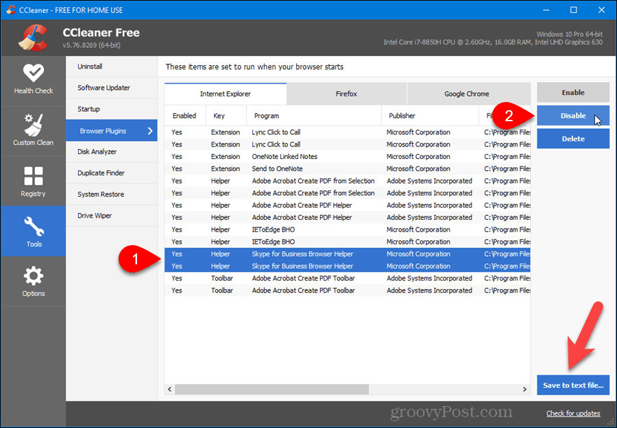 Administrar complementos del navegador en CCleaner