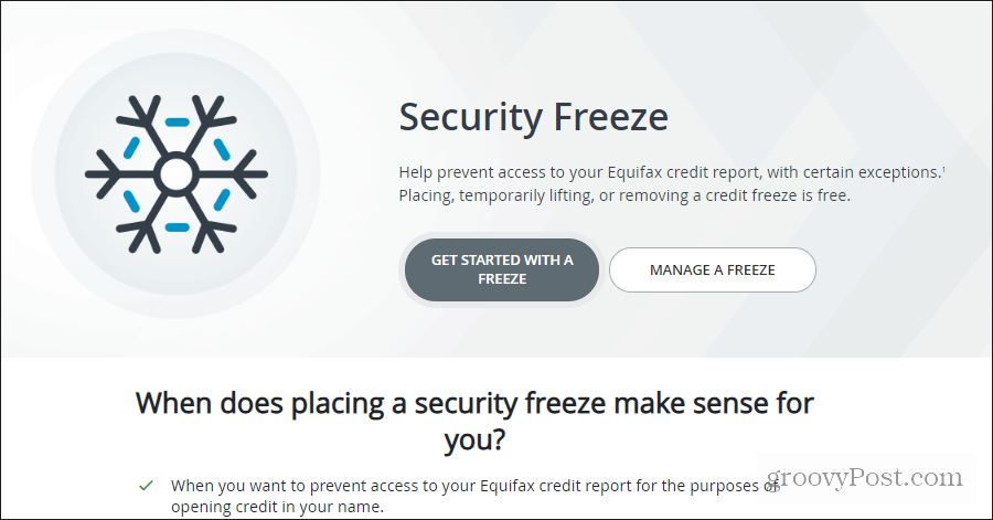 Página de congelación de seguridad de Equifax