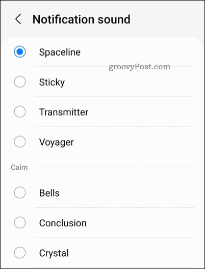 Menú de configuración de sonido de notificación de Android