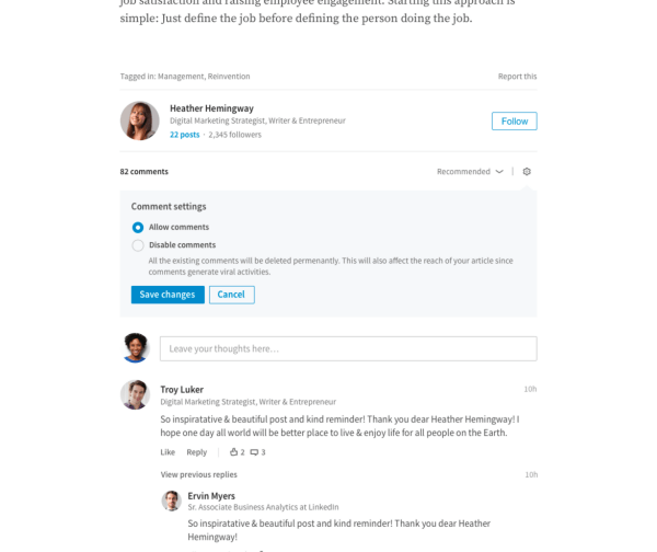 LinkedIn implementó la capacidad para que los editores administren directamente los comentarios en sus artículos de formato largo.