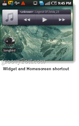 Captura de pantalla del widget de Android Songbird y shorcut