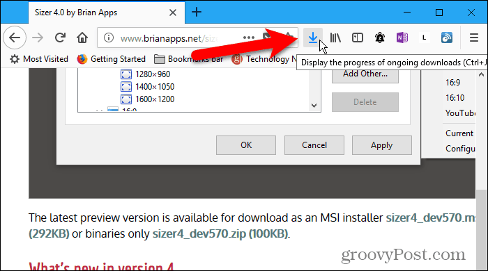 El botón Descargas se muestra en la barra de herramientas cuando se descarga en Firefox