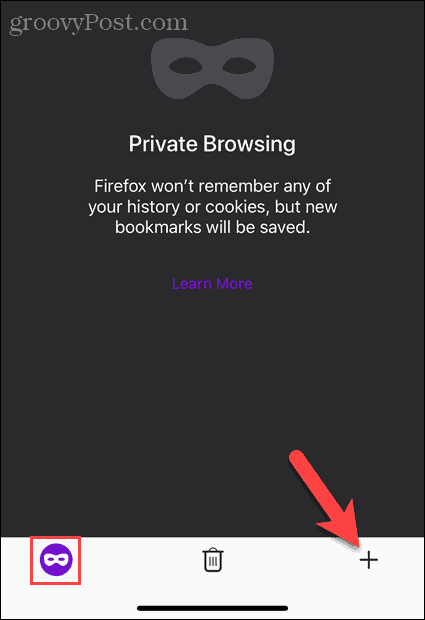 Toque el botón Nueva pestaña en modo de navegación privada en Firefox en iOS