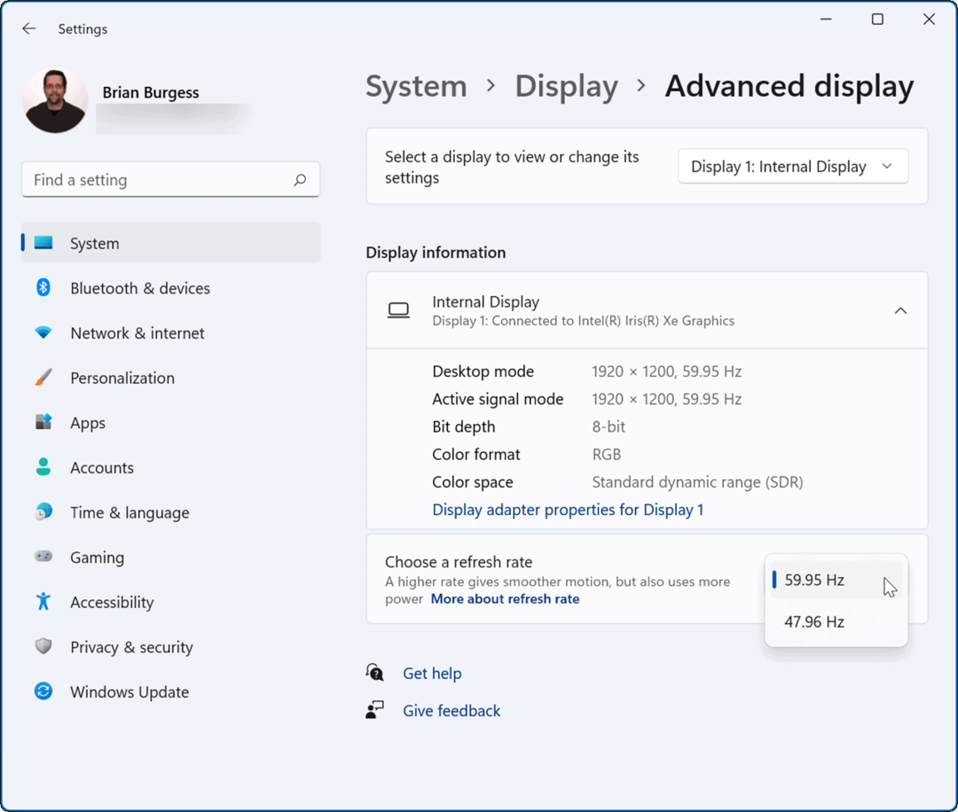 cambiar la frecuencia de actualización en Windows 11