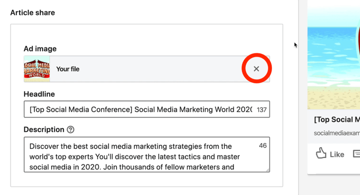 captura de pantalla del botón X encerrado en un círculo rojo junto a la imagen del anuncio de LinkedIn durante la configuración