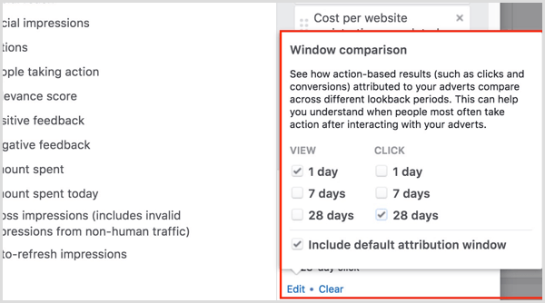 comparación de la ventana de atribución del administrador de anuncios de facebook
