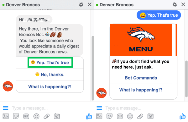 El chatbot de Denver Broncos pide a los usuarios que se registren para recibir su resumen diario.