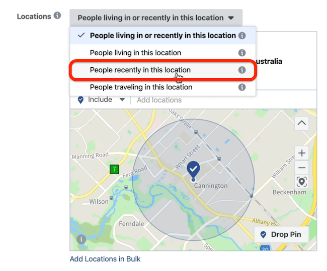 Opción Personas recientemente en esta ubicación a nivel de conjunto de anuncios en el Administrador de anuncios de Facebook