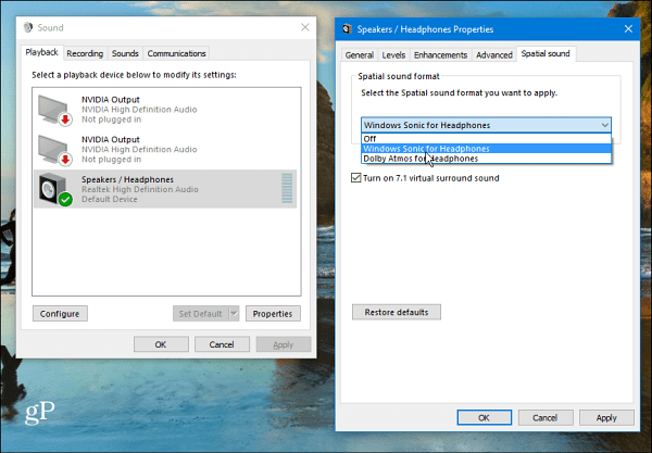 Configuración de sonido espacial de Windows 10