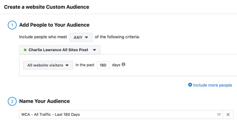 Configuración de audiencia personalizada del sitio web de Facebook para anuncios testimoniales