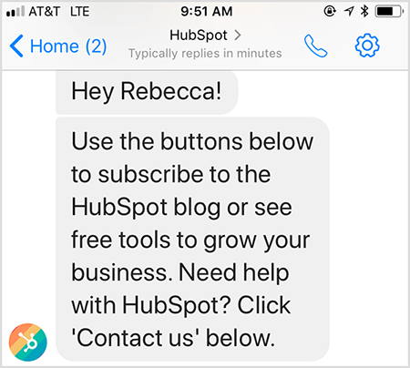 El mensaje de bienvenida del chatbot de HubSpot te permite contactar a un humano.