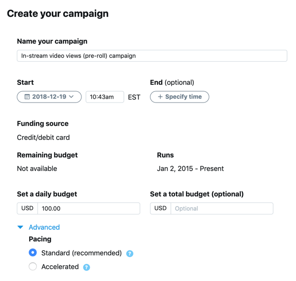 Ejemplo de configuración de campaña para su anuncio de Twitter de vistas de video in-stream (pre-roll).