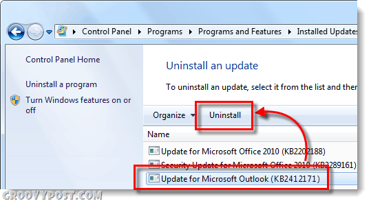 eliminar kb2412171 en Windows 7 Outlook
