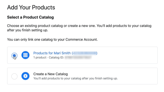 Opción de catálogo de productos de Facebook para conectar un catálogo nuevo o existente