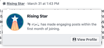 Cómo utilizar las funciones de Grupos de Facebook, ejemplo de insignia de grupo Rising Star