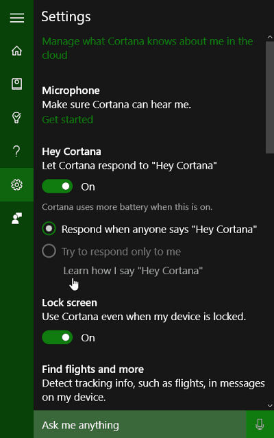Configuraciones de Cortana