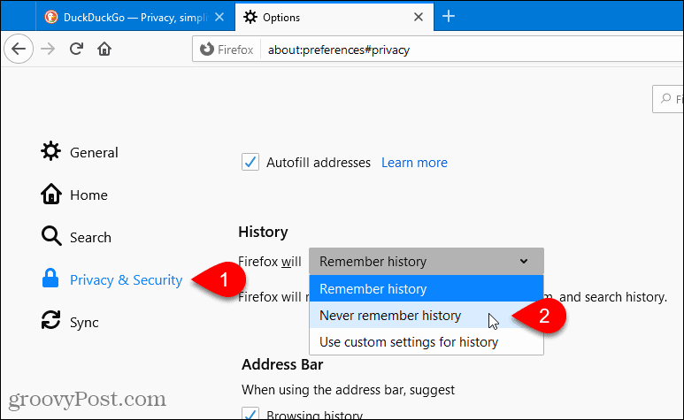 Seleccione Nunca recordar la historia en Firefox
