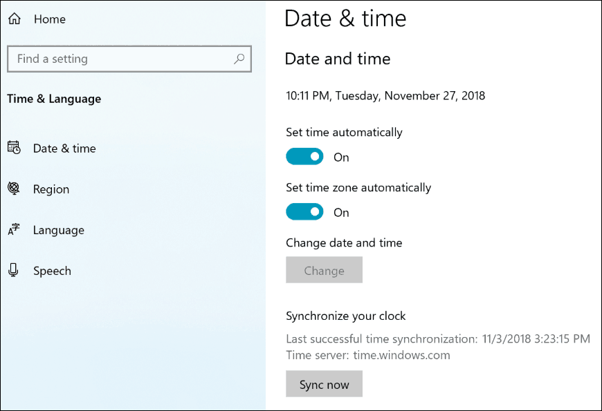 Configuración del reloj de sincronización de Windows 10 19H1