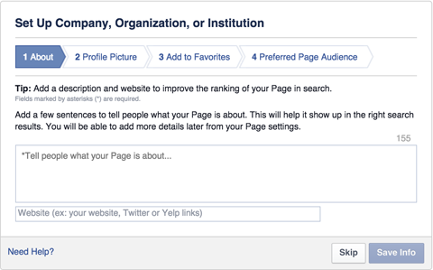 Organización de la empresa de Facebook o configuración de la página de la institución