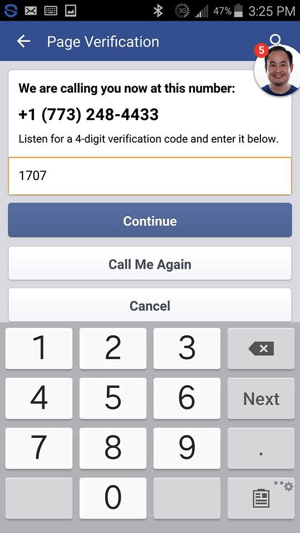 Ingrese el código de verificación que recibió de Facebook y toque Continuar.